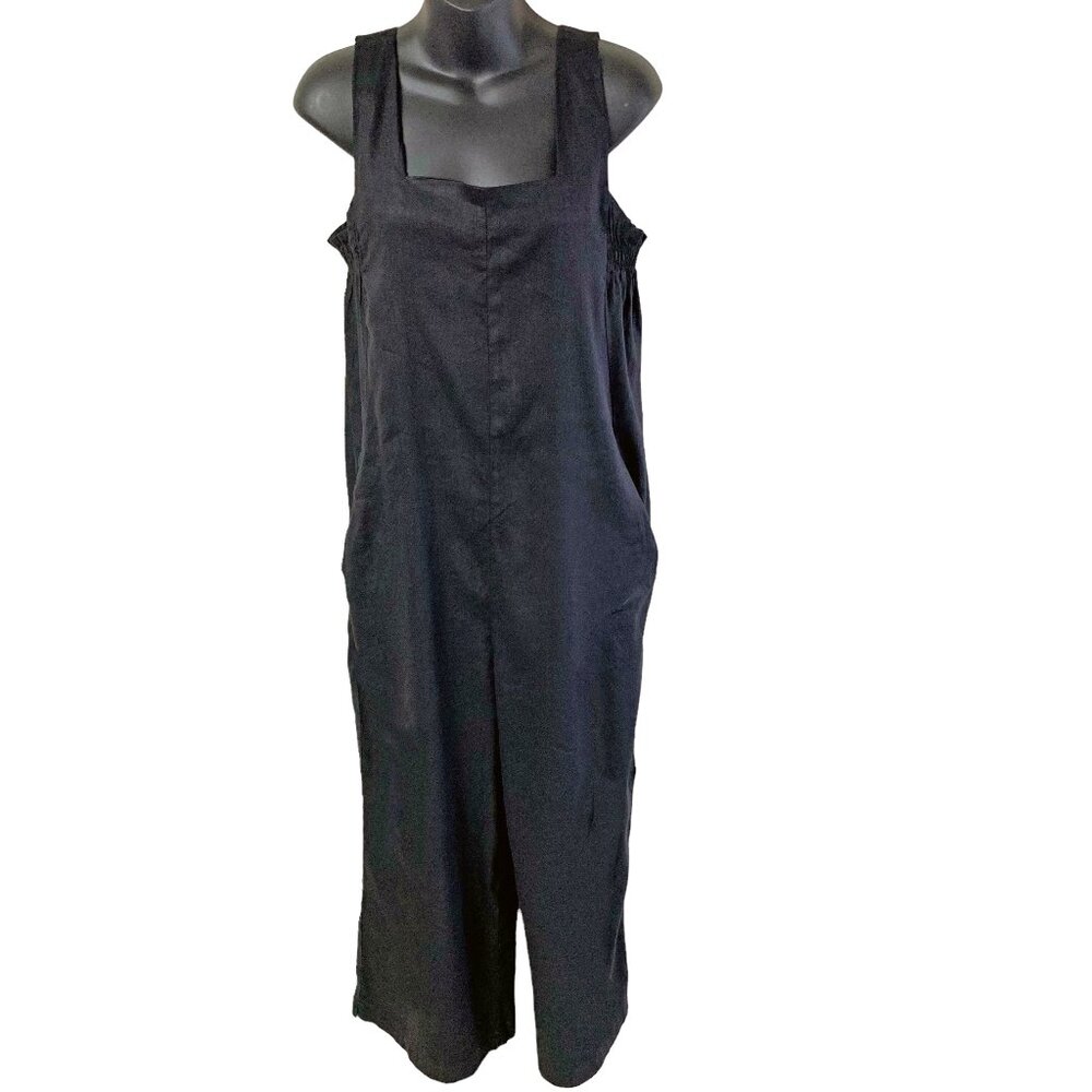 H by Halston Black Stretch Linen Wide Leg Crop Relaxed Fit Jumpsuit